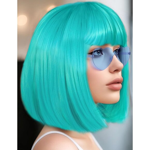 Women's Turquoise 12 Inch Costume Cosplay Party Short Bob Wigs And Sunglass - Picture 6 of 7